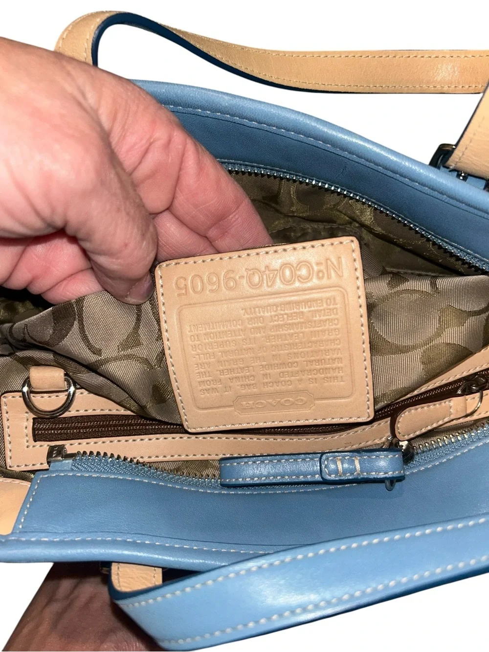 Coach Hampton Blue Leather Tote with Cream Trim with COA